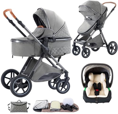 Shineey Kinderwagen 3 in 1,Puppenwagen Buggy Faltbarer Kinderwagen Set, Kombikinderwagen 3 in 1 mit Großer Bequemer Babywanne, Laufwagen Rahmen Aluminiumlegierun (H2 DEEPGREY, H2)