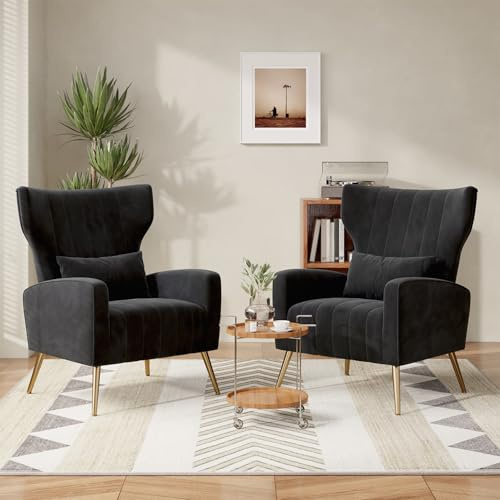 Hawthyhome 2er-Set Velvet Armchair Recliner with Comfortable Cushion with Pillow Golden Metal Legs Padded Seat Lounge Couch Armchair for Living room,and Bedroom Black