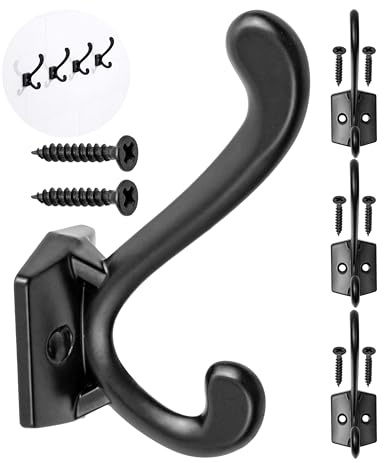 Crochet à visser, 4 pièces, en noir, extérieur 85 x 28 x 27 mm, crochet double avec vis à bois, attache de vestiaire pour porte, salle de bain, cuisine, couloir, bureau, hook métallique DIY