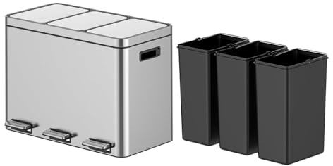 Attracoast 12 Gallon Stainless Steel Trash Can - 3 Separate Bins with Removable Liners, Soft-Close Lid & Foot Pedal - Kitchen Recycling/Waste System