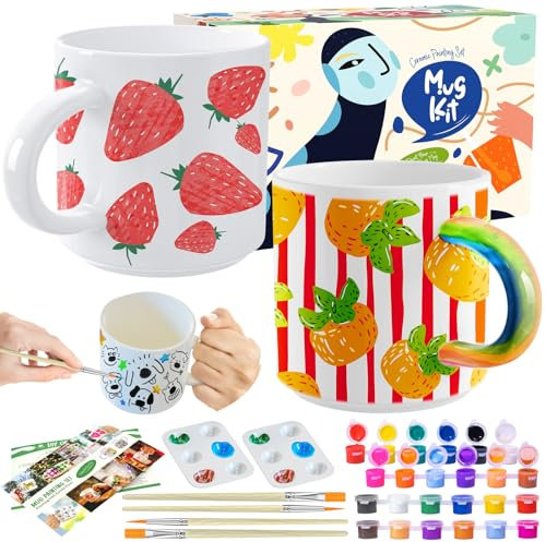 Crifeton Keramik Bemalen Set, Tassen Bemalen Set Enthält Tassen, Pinsel, Farben und Anleitung zum Malen, Töpferset für Zuhause, Bastelset Erwachsene