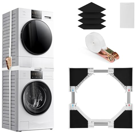Universal Stacking Kit for Washer and Dryer, Adjustable Stacking Frame Kit Fit for 46-66 cm Washing Machine and Tumble Dryers, Stacking Shelf with Ratchet Ropes and Anti Vibration Feet