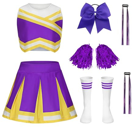 Luckyou Deguisement Pompom Girl Deguisement Cheerleader Fille Uniforme pour Girl Fille Enfant avec Perruques Brillant Pompoms et Nœud pour Carnaval Halloween,Purple,130cm