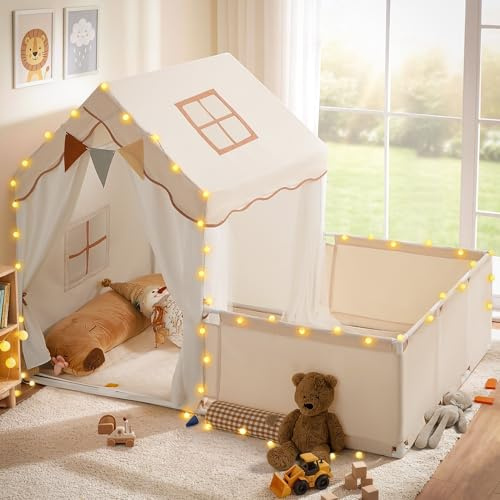 Besrey Tente Enfant 2-en-1 – Cabane Intérieure Enfant avec Parc de Jeu, Tente de Jeu avec Lumières et Drapeaux – Grand Espace, Matériau Doux – Idéal pour Décoration de Chambre et Fêtes
