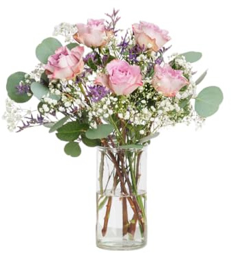Blumenstrauß Blossom Dreams in RosaViolettWeiß, mit Eukalyptus, Limonium und Rosen, 7-Tage-Frischegarantie, Floristen-Qualität, das perfekte Geschenk bestellen