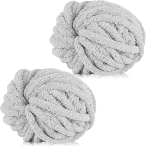 Xtrillogen Chunky Crochet Yarn 2×250g Thick Soft Fluffy Chenille Yarn,Multicolored Knitting Chunky Wool,Super Chunky Yarn for Crocheting Blankets,Hats,Cushions&Bags(Light Gray)