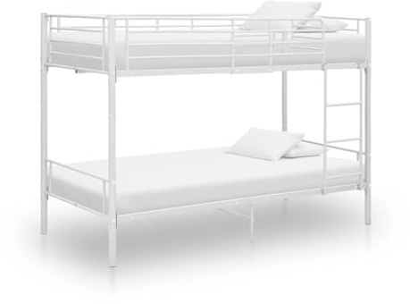 Bucmath Våningssäng i vit metall 90 x 200 cm, robust dubbelvåningssäng med säkerhetsräcke, platsbesparande sängram för barnrum, hållbar konstruktion