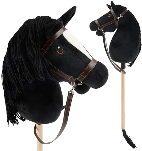 Bieco Käpphäst Svart - Storlek M, med träns | Avtagbar pinne & svans, för hoppning, dressyr & lek | Hobby Horse Hästar