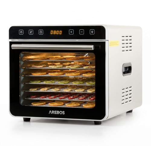 Arebos Mattork i Rostfritt Stål 700 W | 8 Torkgaller i Rostfritt Stål | 19 L Kapacitet | Pekskärm, LED-belysning, 24 h Timer, 35-85 °C | För Frukt, Kött, Örter och Grönsaker