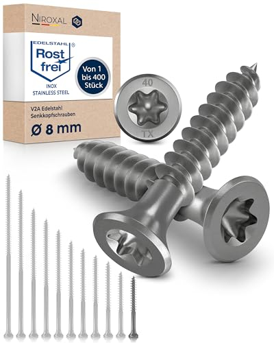 Tornillo de cabeza avellanada TORX de acero inoxidable fabricado en V2A 8-mm de espesor 60-mm de longitud del tornillo 50 piezas Rosca parcial de 55-mm Tornillo para madera 8x60