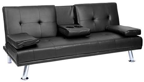 Mendler 3er-Sofa HWC-F60, Couch Schlafsofa Gästebett, Tassenhalter verstellbar 97x166cm - Kunstleder, schwarz