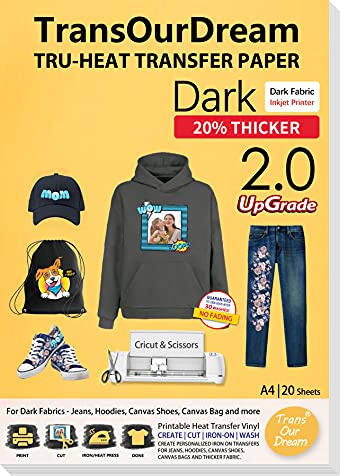 TransOurDream A4x20 Sheets Inkjet Transfer Paper for Thick Textiles | Black/Dark Striped,Canvas,Custom Hoodie or Fabric Bag,Printable vinyl Upgraded 2.0 Easy to Transfer(Trans-02-20)