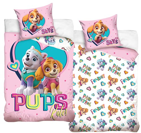 Sängkläder påslakan Paw Patrol 135 x 200 80 x 80 bomull i rosa – barnsängkläder för flickor Skye & Everest – 2 delar – 1 örngott 80 x 80 + 1 påslakan 135 x 200 cm