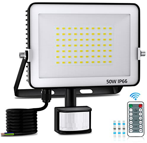 FEAHRZEUG 50W Outdoor Security Light with PIR Motion Sensor, 5000LM LED Floodlight with Remote Control, IP66 Waterproof Garden Wall Light for Driveway & Garage