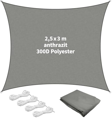 TTL Garden 2,5x3m Anthrazit Sonnensegel rechteckig - Premium Polyester 300D 160g/m² mit Seil 4X 1,5m - wasserdicht reißfest & robust - Sonnenschutz & Wetterschutz für Garten, Balkon & Terrasse