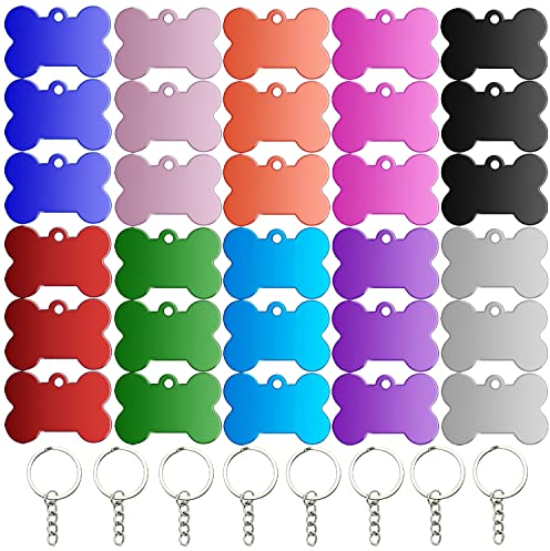 Hundemarke Knochen Hundemarken aus Aluminium 30Stk Erkennungsmarke Rohling 2,5 x 3,8cm Adressanhänger hund Wasserdicht mit Hundemarke Kette für DIY Hunde und Katzen Haustier-Erkennungsmarke