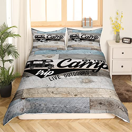 Homewish Camping Bettwäsche 2 teilig Erwachsene Teenager Camper Bettwäsche Alter Hölzerner Scheunentor Bettbezug Vintage Rustikaler Bauernhaus Stil Bettbezug Happy Camping Bettwäsche-Set 135 x 200 cm