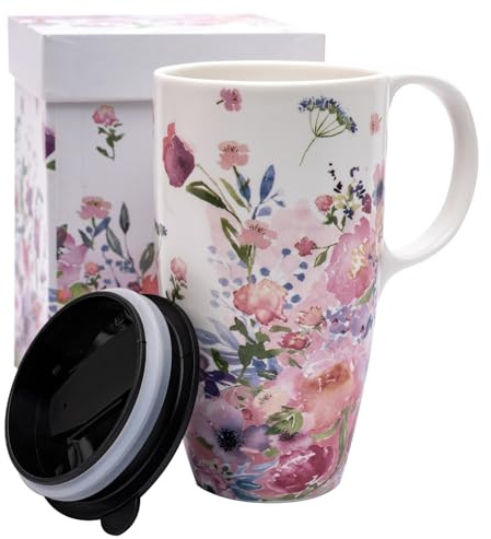 Topadorn Ceramic Coffee Mug Travel Cup Gift with Lid 17oz, Porcelain Tall Tea Cup with Handle for Home & Office, White & Pink Flower Art Pattern Mug in Gift Box, 6.5''H