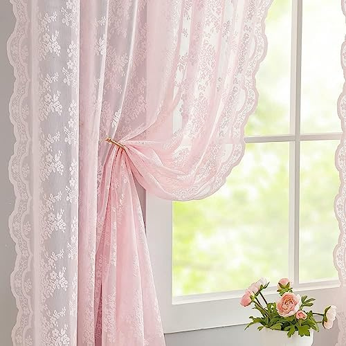 YJ YANJUN Spetsnät gardiner för fönster 54 hängande par ljusrosa kök genomskinliga gardiner blommiga barngardiner för flickor sovrum rullad voile gardin panel 132 cm bred x 137 cm hängande (132 cm x
