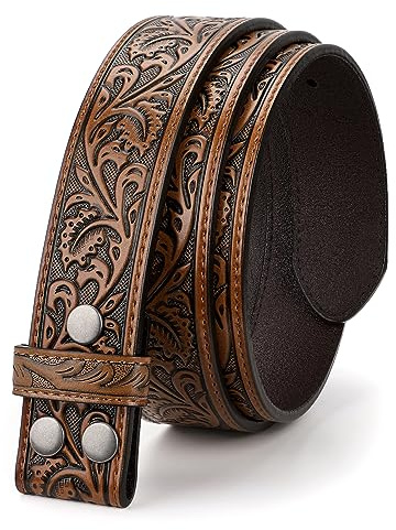 LEACOOLKEY Western Belt Strap for Men without Buckle 1.5 Wide Floral Engraved Embossed Leather Belt Strap,Brown,Fit Size 34-37