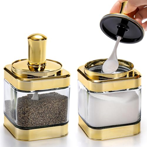 Mezchi Confezione da 2 contenitori per sale, barattoli dorati per spezie da 340 g con cucchiaio, set di contenitori per condimenti, dispenser di zucchero, contenitori da cucina per farina e zucchero