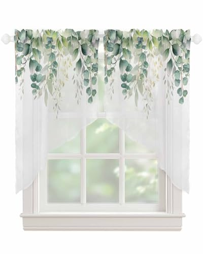 Sage Green Eucalyptus Leaf Swag Valances for Windows Summer Leaves Floral Watercolor Semi Sheer Valance Curtains Voile Swags Topper Curtain for Kitchen Living Room Bedroom, 2 Panels, 36x36 Inch