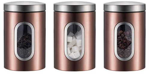 kiss me 3 Pcs Kitchen Canister Set，Stainless Steel Food Storage Jar With Window Coffee Tea Sugar Caddy Container For Home, Kitchen, Counter (Bronzing)