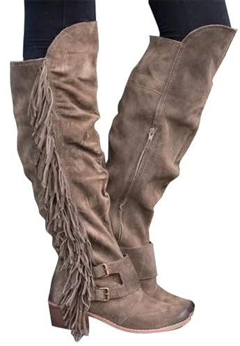 Stivali sopra il ginocchio, da cowboy con frange, stivali western da donna, in pelle scamosciata, stivali alti al ginocchio, da equitazione, da lavoro, invernali, cachi, 39