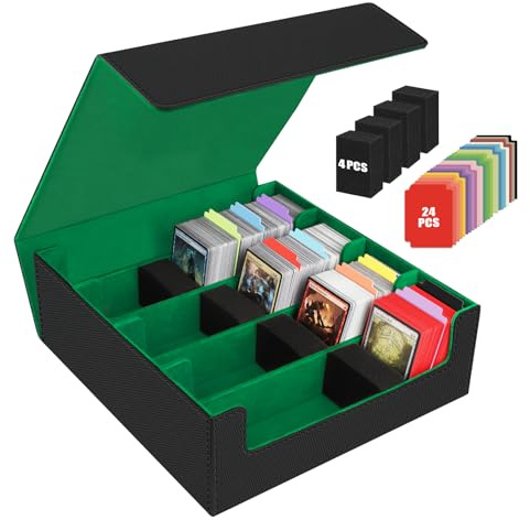 Scatola per Carte per Oltre 3200 Carte, Scatole per Carte Collezionabili con 24 Divisori Colorati e 4 Schiuma, Scatole per Mazzi Magnetici Premium, Custodia in pelle PU Magic the Gathering(Nero Verde)