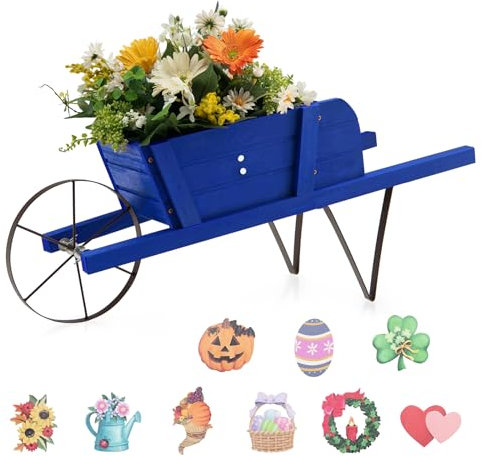 COSTWAY Wooden Wagon Planter, Wheelbarrow Flower Pot Stand with 9 Magnetic Accessories, Long Handle and Wheel, Wood Decorative Flower Cart for Indoor Outdoor (Blue)