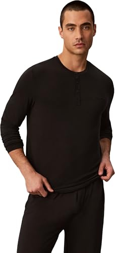 Calvin Klein Camiseta de Manga Larga Hombre Modal Henley con Botones, Negro (Black), L