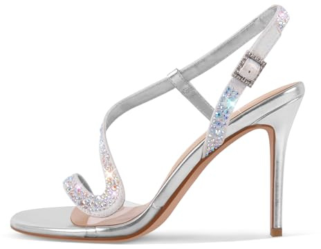 Meinabsatz Sandales à lanières scintillantes avec strass - Sandales rondes ouvertes à talons hauts Stiletto, argenté, 39 EU