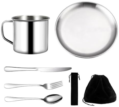 Set di posate da campeggio per 1 persona, 7 pezzi, in acciaio inox di alta qualità, tazza, piatto, forchetta, cucchiaio, coltello, posate per 1 persona, set Cutlery per attività all'aperto, viaggi e
