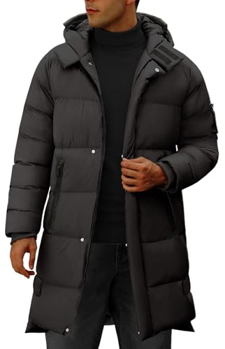 CMTOP Vinterjackor för män varma lätta långa herrrockar vindtät tjock pufferkappa med huva dragkedja parkas jacka ledig utomhus kroppsvärmare bekväma termiska ytterkläder, Grå, XXL