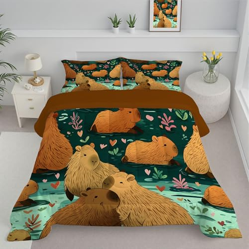 DLERFLOVR Edredón Nórdico Capibaras Jugando – Relleno Nórdico 4 Estaciones Estilo De Dibujos Animados – Ultra Suave – Colcha AlternativoCama 150 Edredón Acolchado 220x240cm Marrón