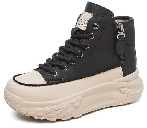 Baskets pour femme avec semelle épaisse et tige haute, chaussures à plateforme traditionnelles, chaussures à lacets, chaussures de sport orthopédiques, chaussures de sport d'extérieur, Noir , 37.5 EU
