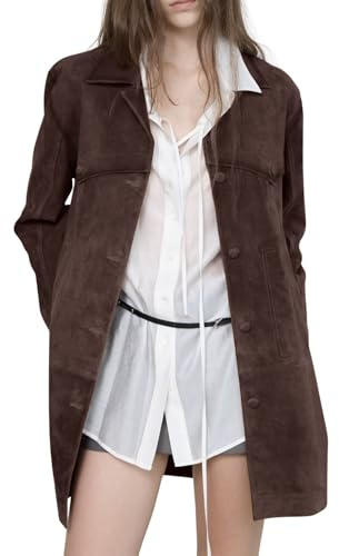 chouyatou Women's 2025 Retro Faux Suede Leather Shacket Jacket Lapel Collar Mid Long Jacket Coat (X-Large,Coffee)