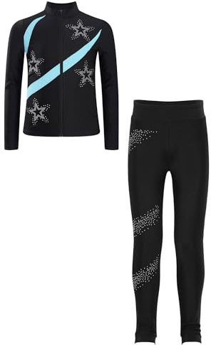 CHICTRY Eislaufanzug Mädchen Thermo Sportanzug Kinder Langarm Eiskunstlauf Jacke Farbblock Patchwork Sportjacke Mit Strass Glitzer Hose Tanzen Leggings Hellblau 146-152