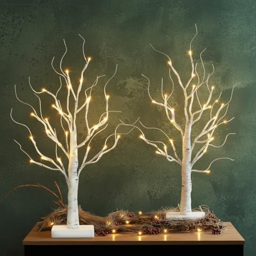 Olsen & Smith Set of 2 Pre Lit White Mini Birch Twig Christmas Xmas Tree Ornament with 24 Warm White LEDs Lights Battery Operated Xmas Tabletop Decoration for Christmas Home Party (60cm/2ft)