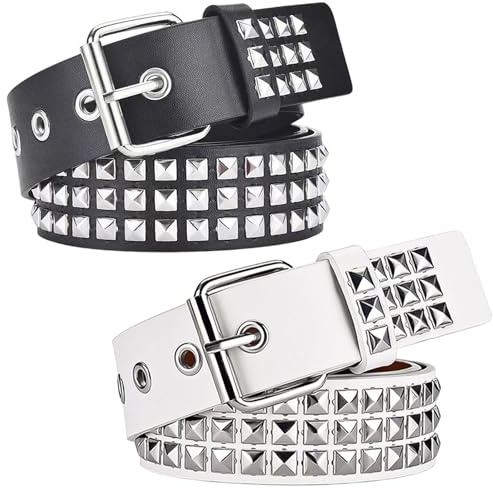 Wvbzf 2 Pcs Studded Belt, Punk Accessories EmoBelt, Black and White Punk Goth Belt for Jeans & Pants, Studded Belts for Men and Women