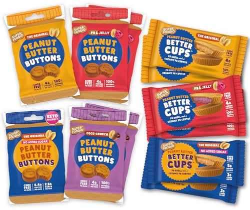 SUPERFOODIO Peanut Butter Better Snacks | Full Range (Buttons & Cups) | Chocolate-Free PB | All-Natural Ingredients | Protein | No Refined Sugar | Vegan