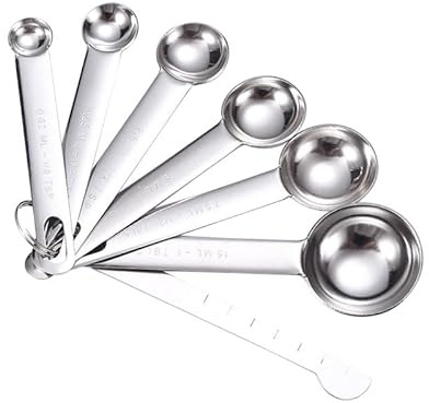 Juego de 6 cucharas medidoras de acero inoxidable, cuchara medidora de metal para café, cucharadita incluye 1/8, 1/4, 1/2, 1 cucharada, 1/2 cucharada, 1 cucharada, grado alimenticio, para hornear