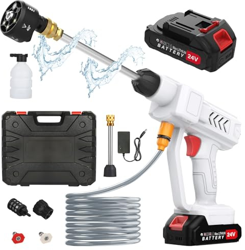 Hidrolimpiadora de Alta Presión Inalámbrica, Hidrolimpiadora Portátil, Pistola de Agua a Presión, Boquilla 6 en 1, 2 Baterías, Manguera de 5m, Ideal para Coches, Ventanas, Jardines y Piscinas
