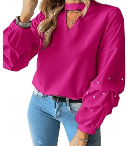 volangblus för kvinnor höst långärmad blusar kvinnor eleganta volanger toppar casual enfärgad blus ståkrage skjortor plus storlek 5XL att jämföra, Mörkrosa, En Storlek