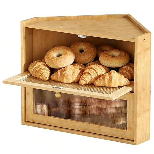 EffiQ-Rate 2 nivåer hörnbrödkorg, stor naturlig bambubrödlåda med fönster för köksbänk, 42 x 30 x 35 cm matförvaringsbehållare i trä för att hålla hemlagade bröd, färsk kex