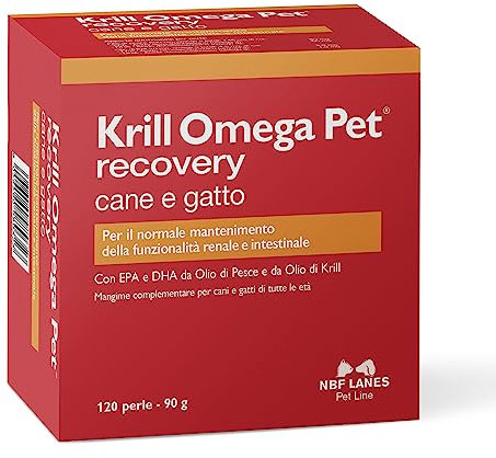 NBF Lanes | Krill Omega Pet Recovery Cane e Gatto, 120 Perle Appetibili, per il Normale Mantenimento della Funzionalità Renale e Intestinale