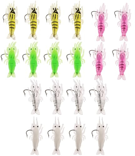 Be In Your Mind Lot de 20 Leurres de Pêche à La Crevette Souples avec Hameçons pour Truite Bar Saumon (Vert Clair Lumineux Jaune Rose)