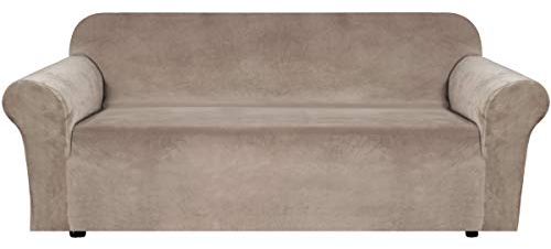 BellaHills Velvet Sofa Slipcover Stretch Large Couch Covers Soft Sofa Cover Furniture Protector with Non Slip Straps, Slipcover for Sofa, Couch Covers for Dogs, Couch Slipcover (3 Seater, Taupe)