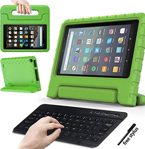 FINDING CASE for All-New Amazon Fire 7 with alexa Tablet Case(9th & 7th & 5th Gen,2019 & 2017 & 2015 Release) with Wireless Bluetooth Keyboard - ShockProof Foam Handle Stand Protective Cover Case red