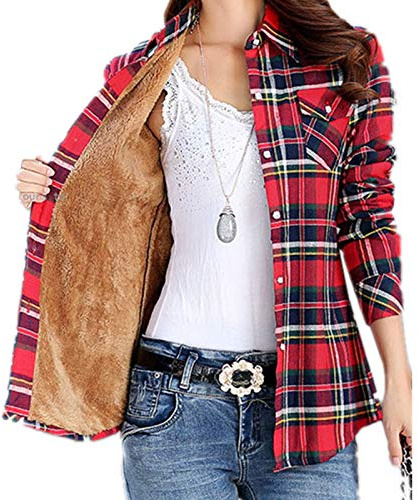 Minetom Hiver Chemise Femme Blouse Manche Longue à Carreaux Chaud Doublure en Velours Bouton Tops Tunique Chemisie Gilet Veste Shirt Style B 42